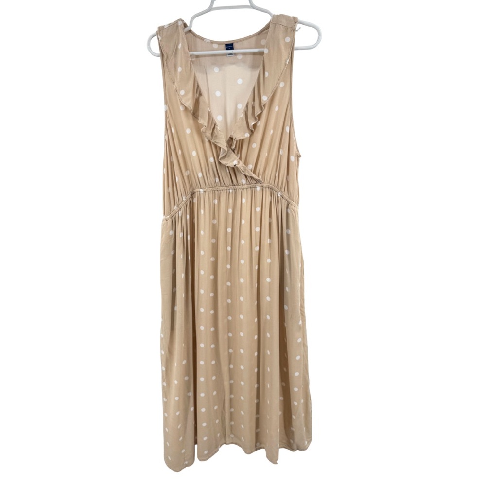 Old Navy Tan Polka Dot Midi Dress maternity ruffle sleeveless XL pockets flowy